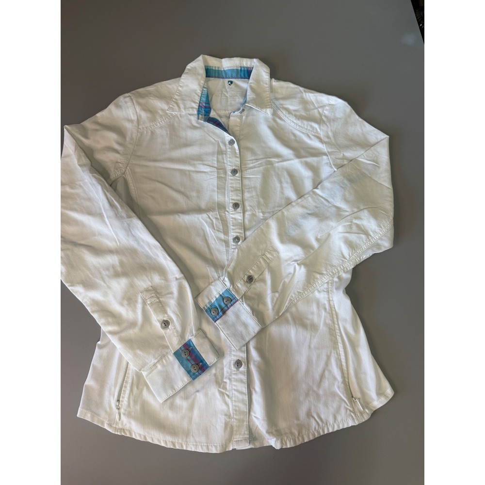 Kuhl Womens White Textured Long Sleeve Button Down Shirt Plaid Trim Size M